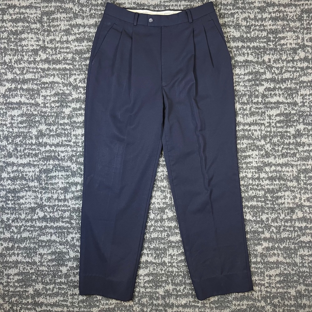 Pierre Cardin Trousers Mens 32 Navy Blue Wool Pleated Straight Leg Dress Pants